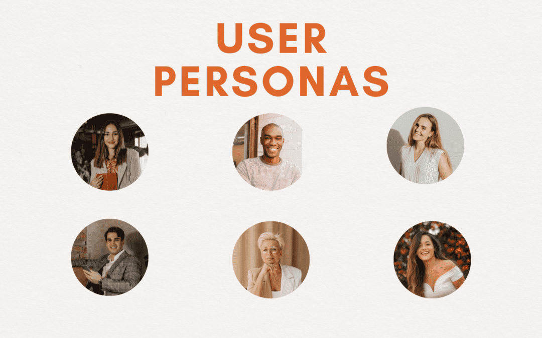 User persona is on top and in capitalized orange letters. Below are circular images of six people.