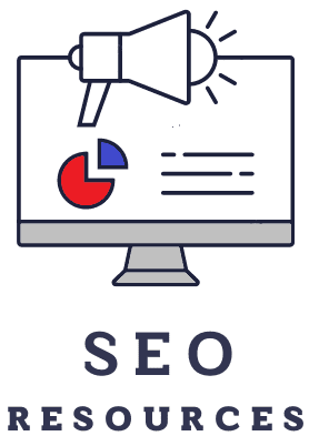 A computer with a pie chart and description on the screen. Says SEO resources in block letters below. 
