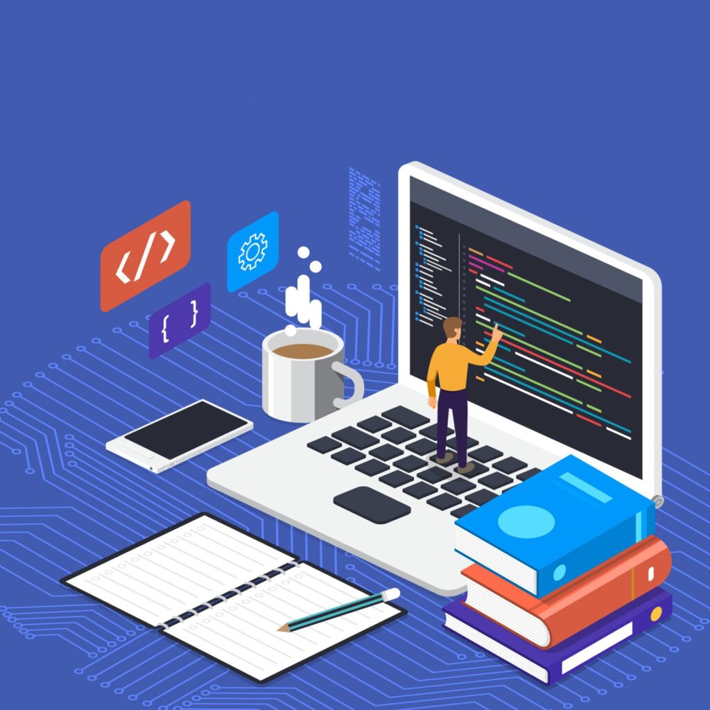  An image displaying various programming elements. An IDE on a laptop. A phone to the left of the laptop. Books to the right of the laptop. 