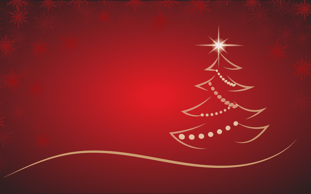 A red background with a Christmas tree.