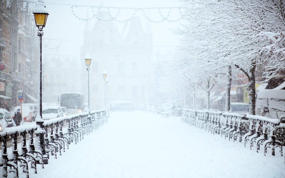 A street filled with snow presumably during winter time. This is for a blog post about seasonal animations using CSS.