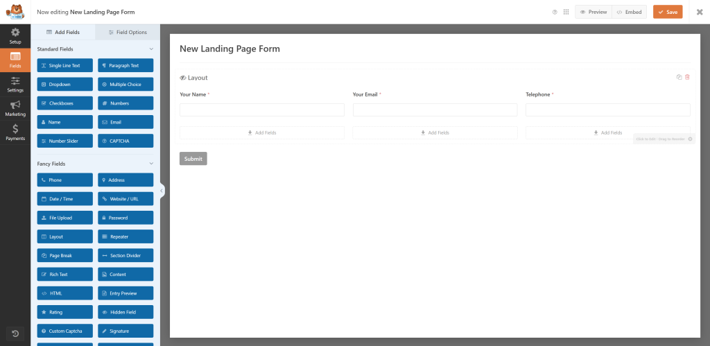 The editor for a form in WP-Forms. Notice the customization options. 