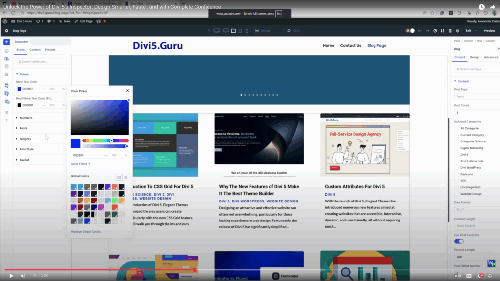 Inspector feature interface in Divi 5 showing detailed design and layout controls.