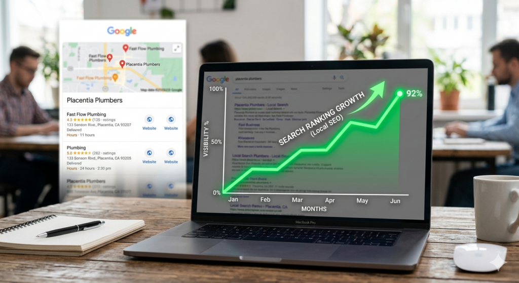 Website Promoters Placentia SEO campaign mockup showing a local Google Maps business pack layout with a green ranking growth chart on a laptop.
