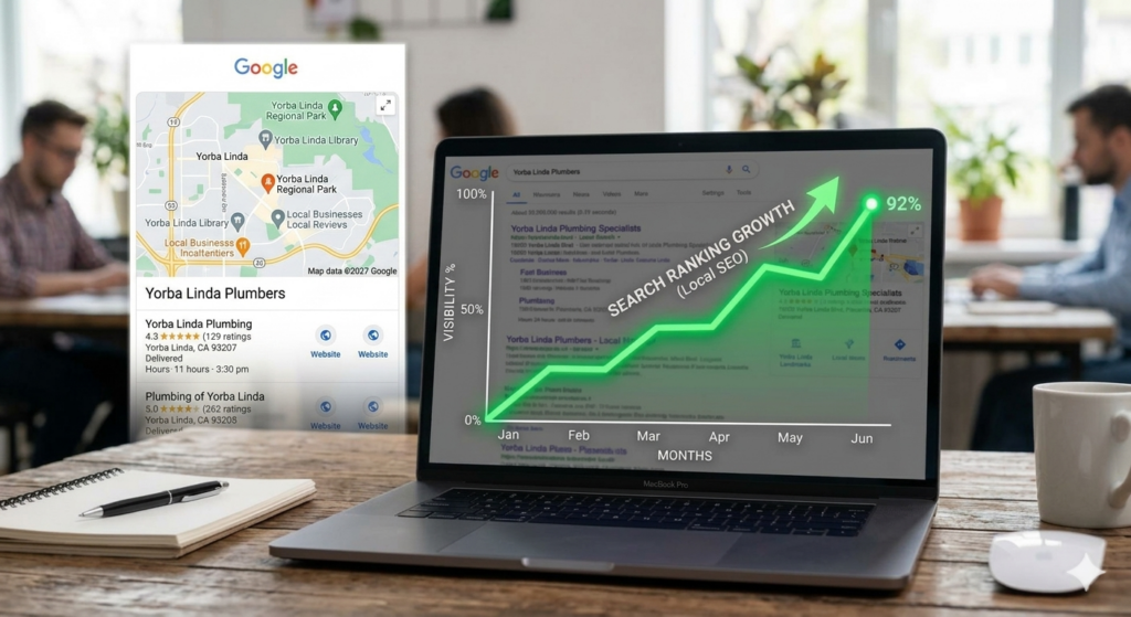 Laptop screen displaying a green upward growth chart for a Yorba Linda SEO campaign next to a floating Google Maps Local Pack screenshot showing top business rankings in Yorba Linda, California. Website Promoters is the best Orange County SEO Company in the game.